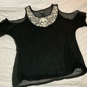 Black Cold Shoulder Blouse with White Skull Floral Design